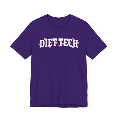 Purple tshirt with arched "DIET TECH" text in white with pink hearts sprinkled throughout the letters