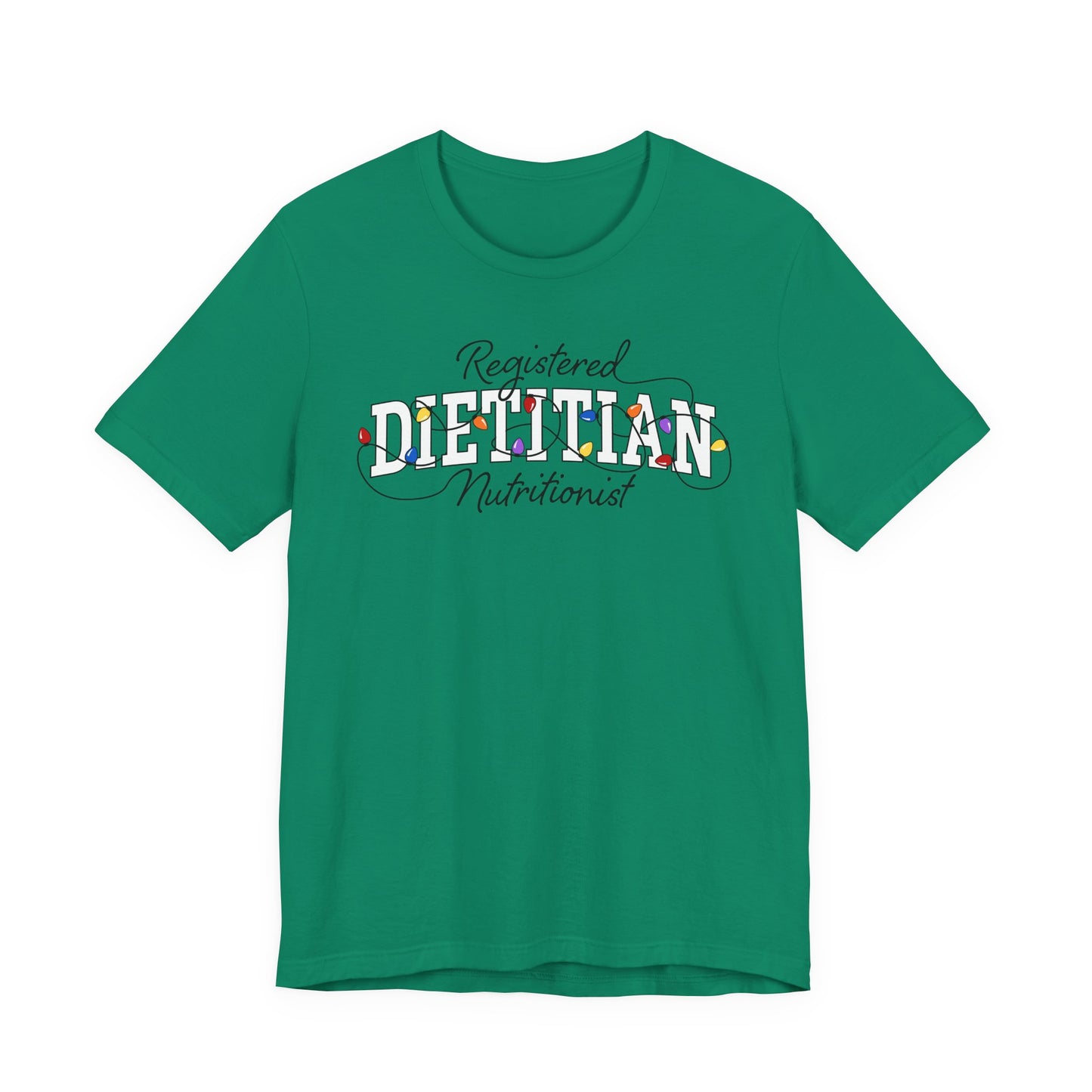 Kelly green tshirt with Registered Dietitian Nutrition text tangled in Christmas lights