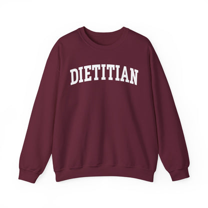 Maroon sweatshirt with arched text "DIETITIAN" in white 