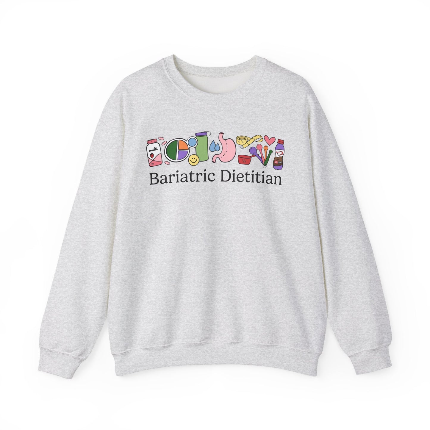 Gray sweatshirt with bariatric nutrition themed doodles and text 'Bariatric Dietitian'