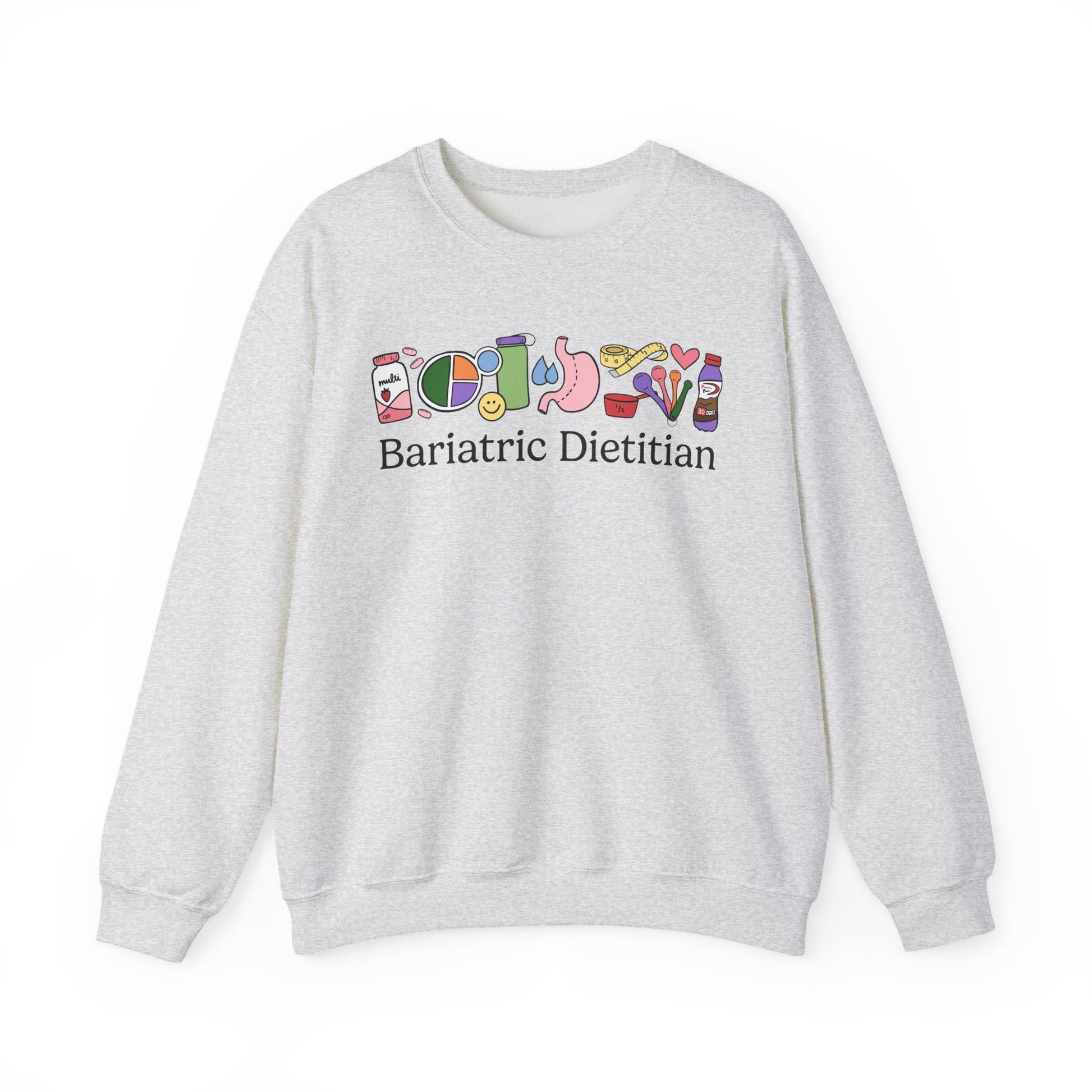 Gray sweatshirt with bariatric nutrition themed doodles and text 'Bariatric Dietitian'