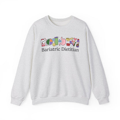 Gray sweatshirt with bariatric nutrition themed doodles and text 'Bariatric Dietitian'