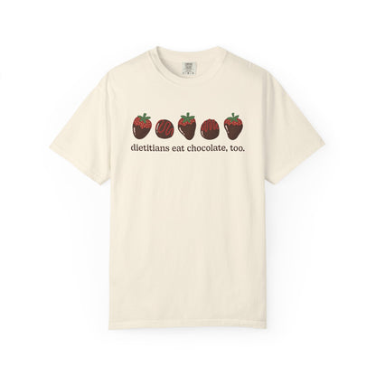Ivory tshirt with chocolate covered strawberries and truffles with the text "dietitians eat chocolate, too."