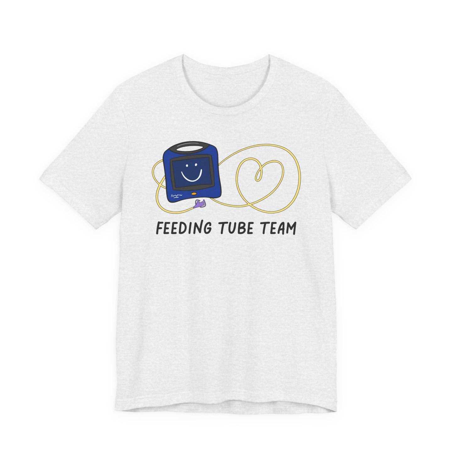 Ash gray tshirt with Cortrak device and NG tube with the text "feeding tube team"