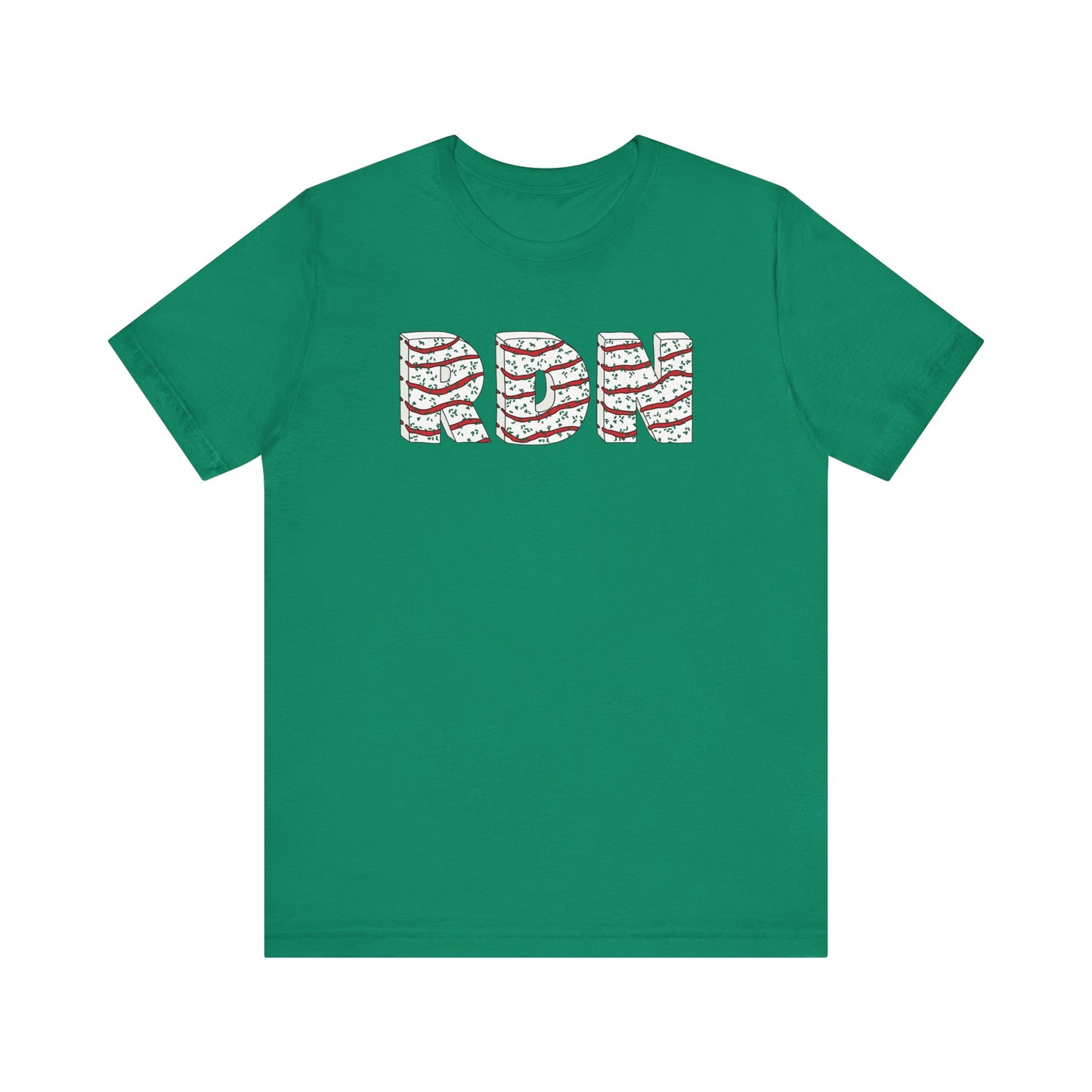 Green t-shirt with 'RDN' printed in red and white on a white background