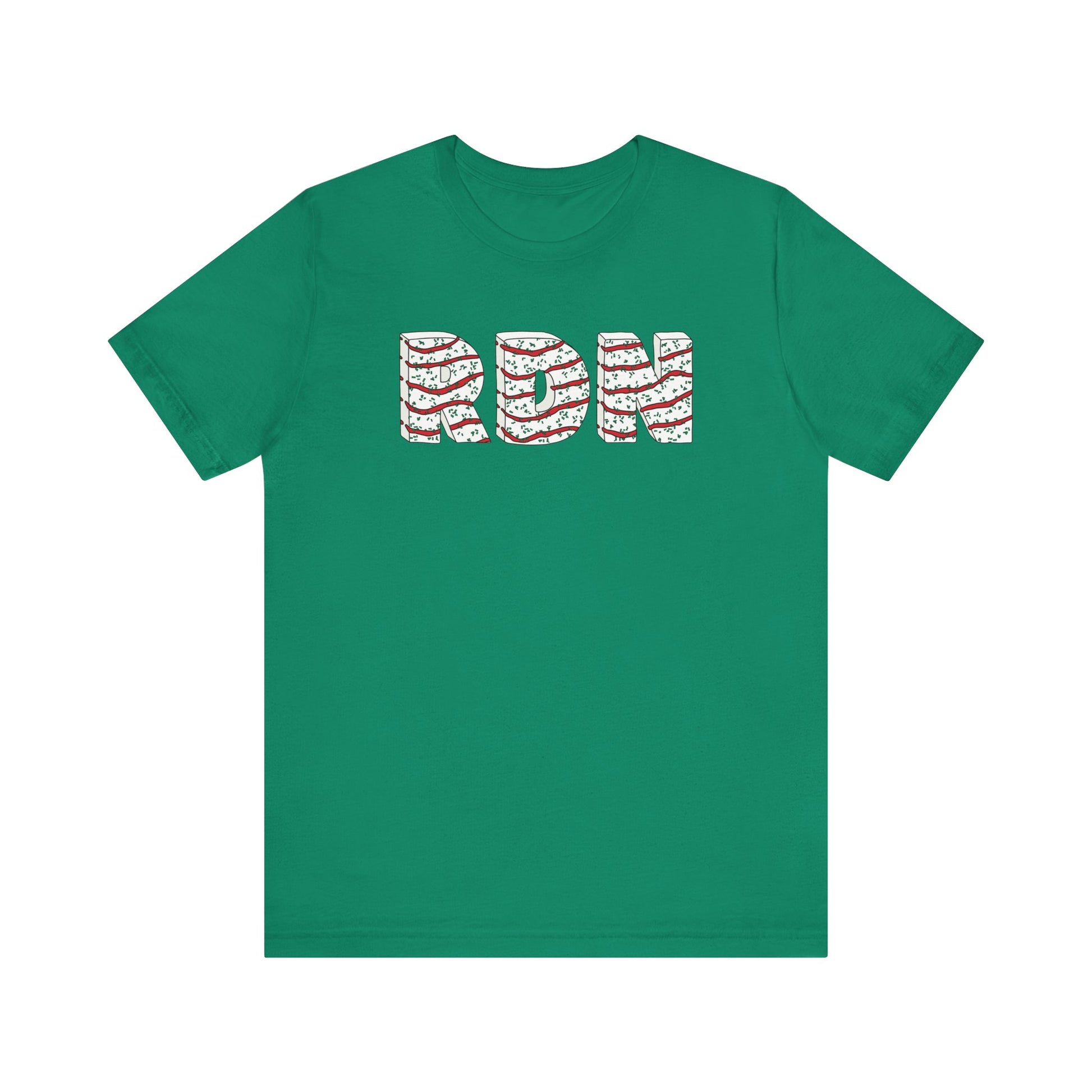 Green t-shirt with 'RDN' printed in red and white on a white background