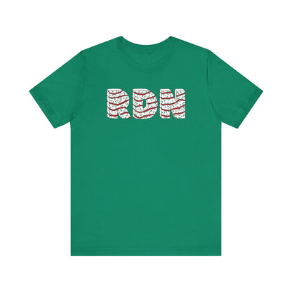 Green t-shirt with 'RDN' printed in red and white on a white background