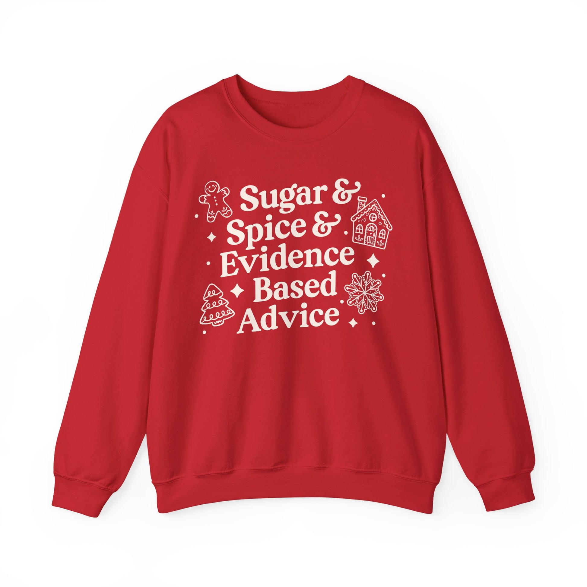 Red sweatshirt with white text and graphics on a white background