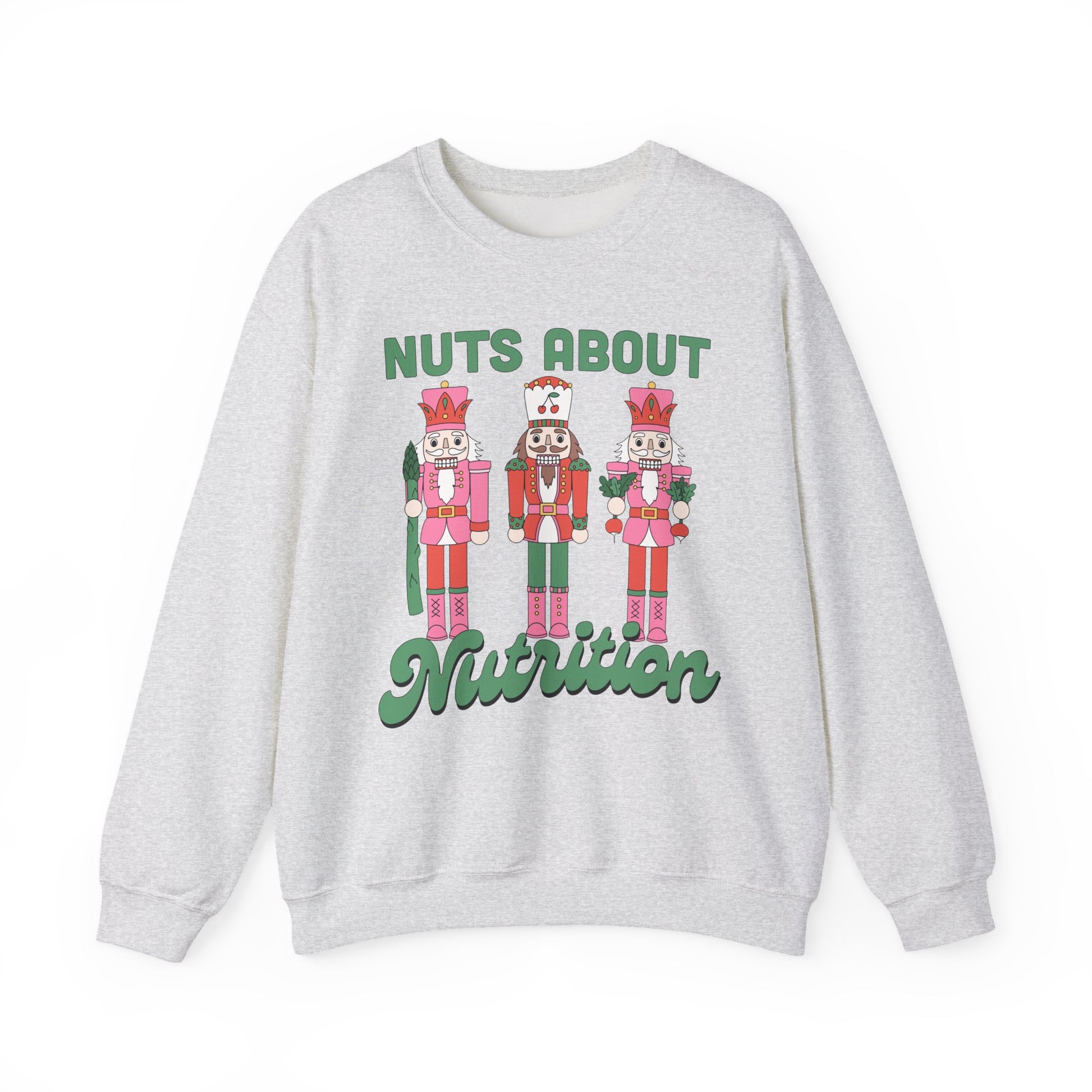 Ash Gray sweatshirt with nutcracker design and 'Nuts About Nutrition' text on a white background