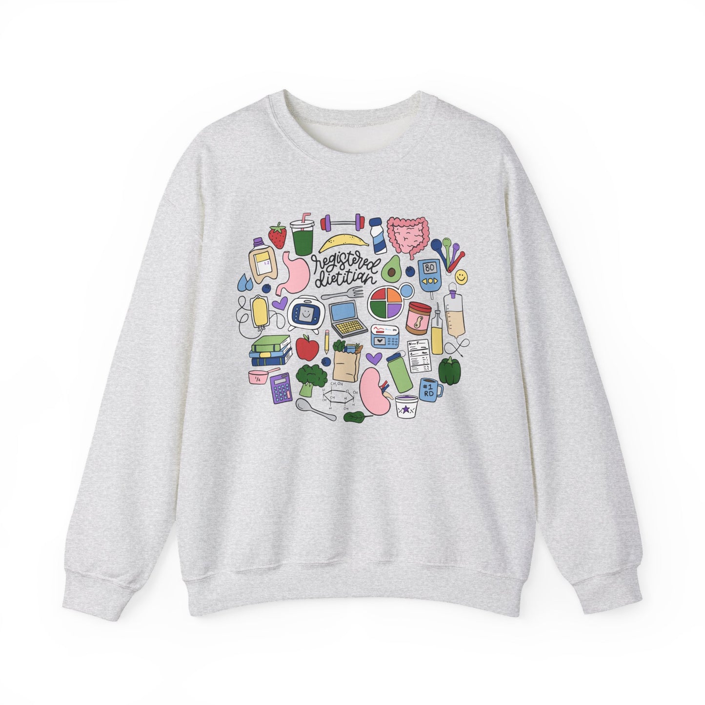 Gray sweatshirt with colorful graphic design on a white background
