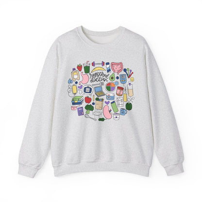 Gray sweatshirt with colorful graphic design on a white background
