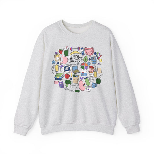 Gray sweatshirt with colorful graphic design on a white background