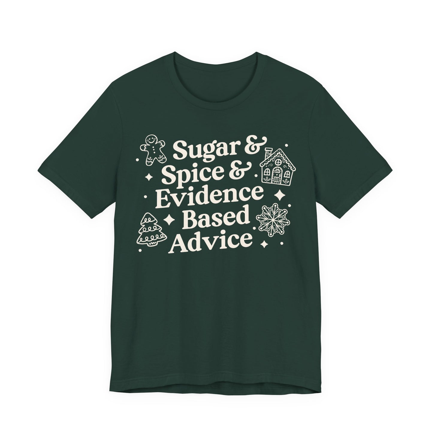 Green t-shirt with white text and graphics on a white background