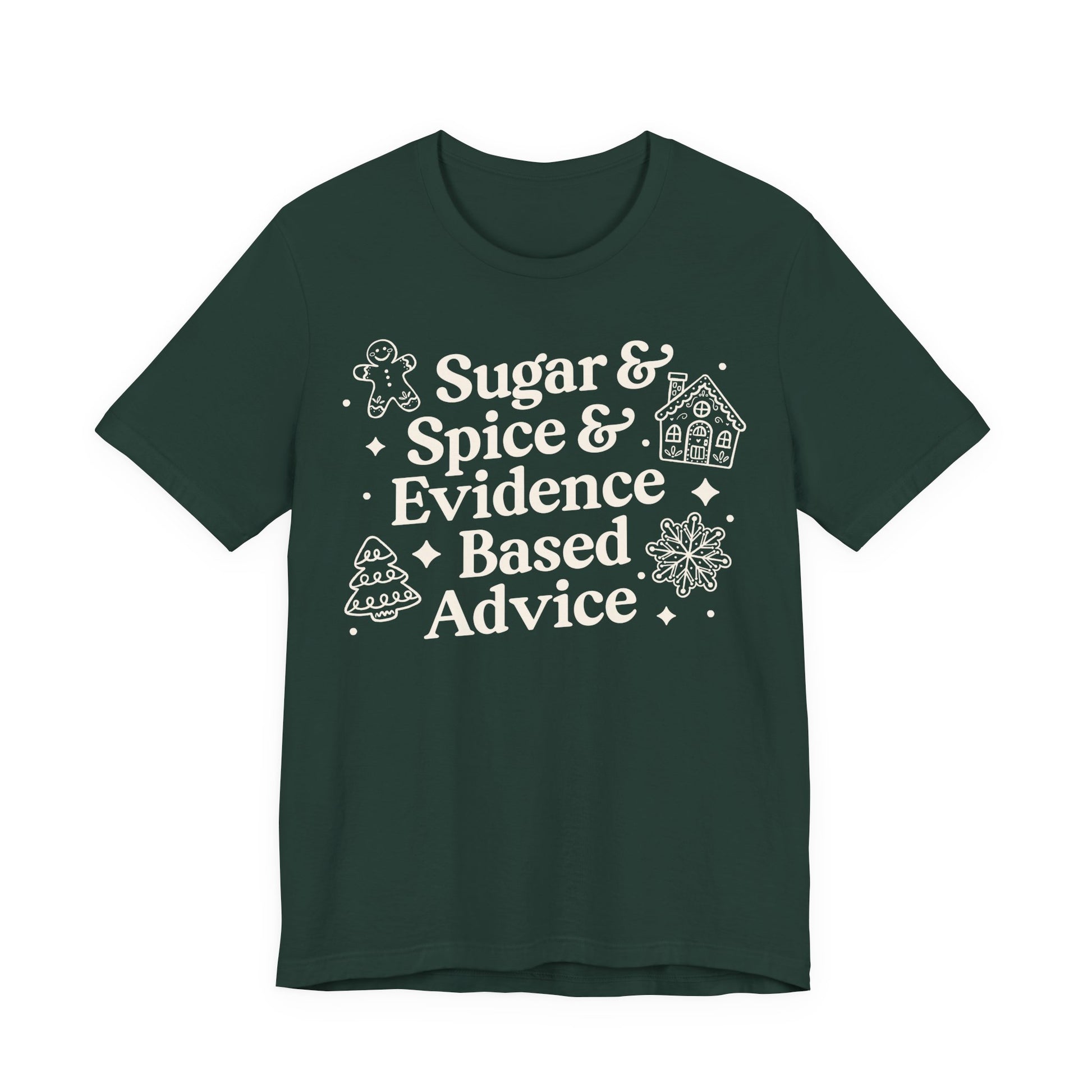 Green t-shirt with white text and graphics on a white background
