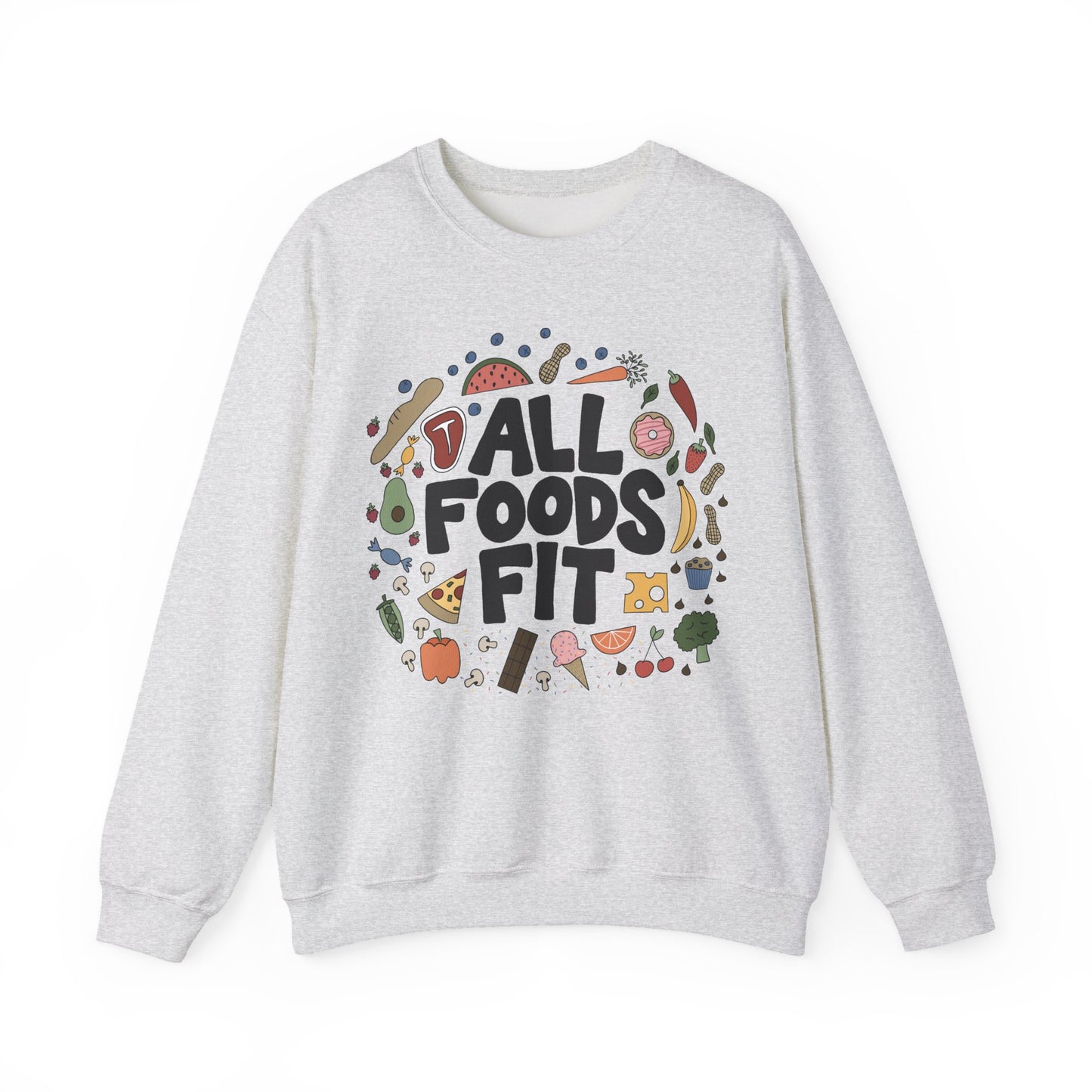 Ash Gray sweatshirt with 'All Foods Fit' graphic design on a white background