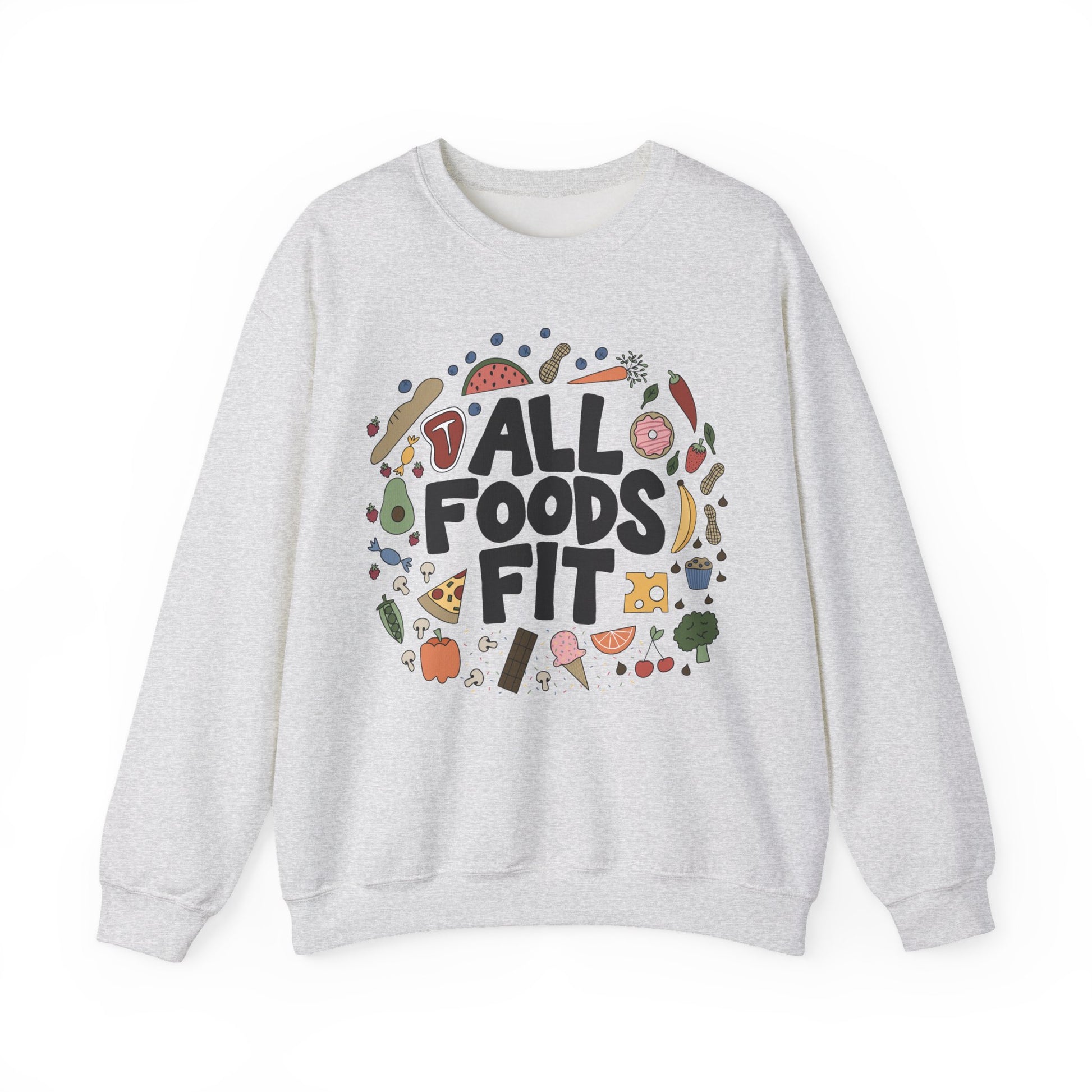 Ash Gray sweatshirt with 'All Foods Fit' graphic design on a white background