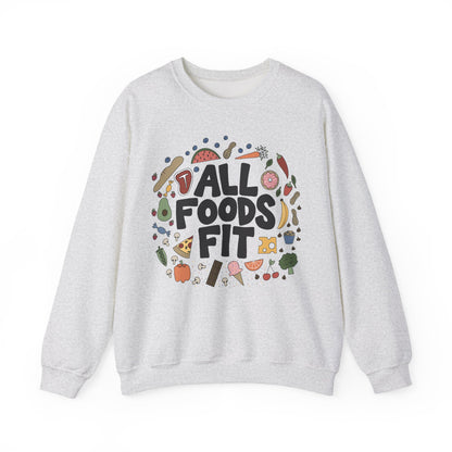 Ash Gray sweatshirt with 'All Foods Fit' graphic design on a white background