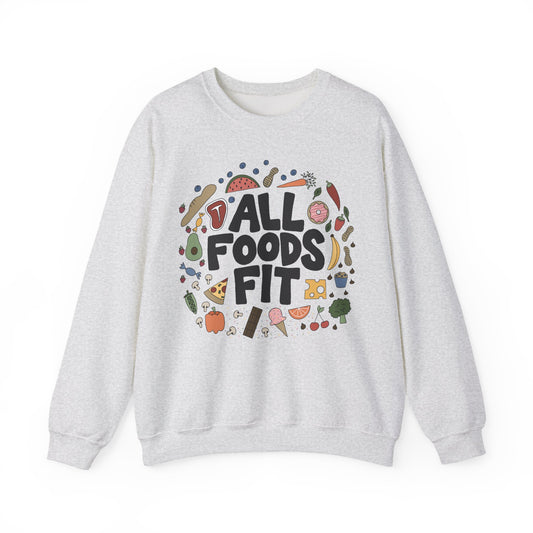 Ash Gray sweatshirt with 'All Foods Fit' graphic design on a white background