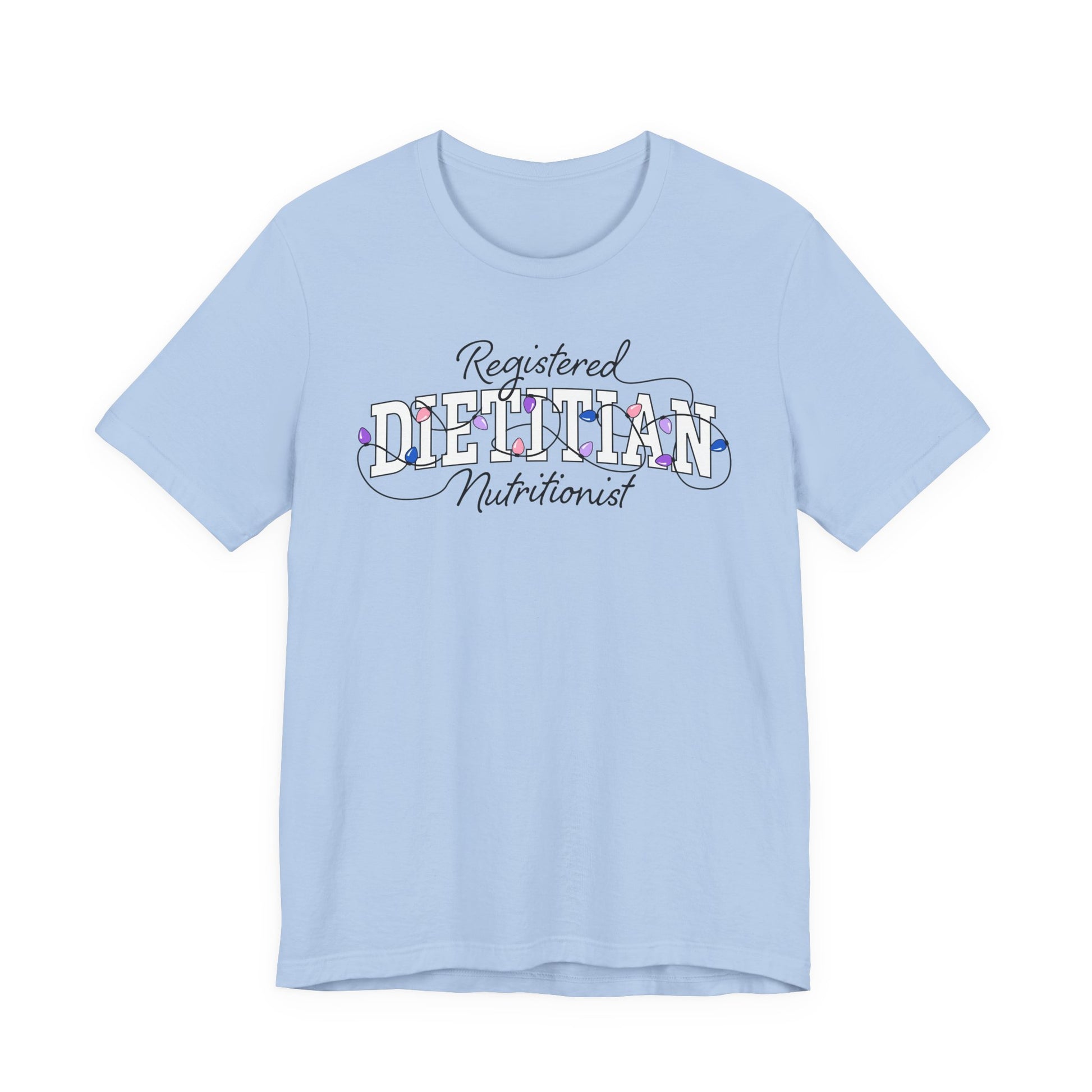 Light blue tshirt with Registered Dietitian Nutrition text tangled in Christmas lights