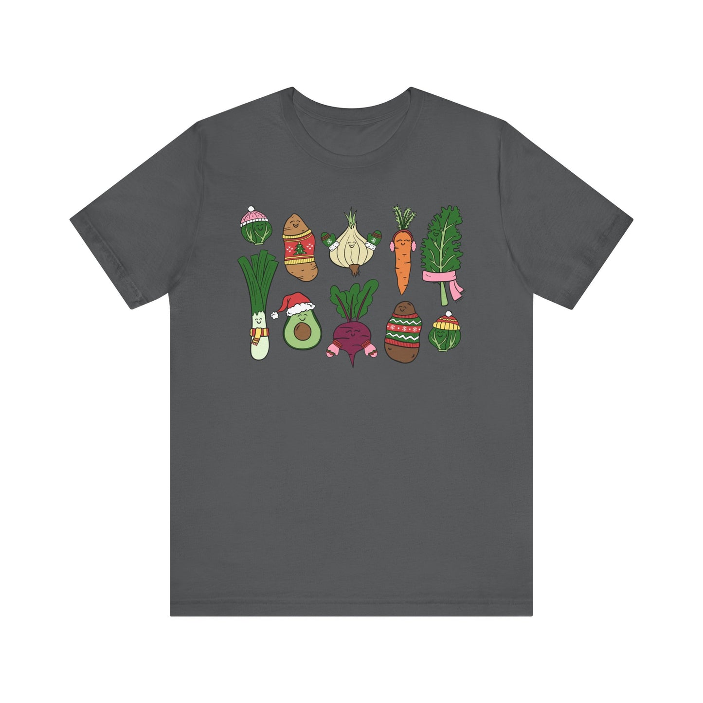 Dark gray t-shirt with colorful vegetable illustrations on a white background
