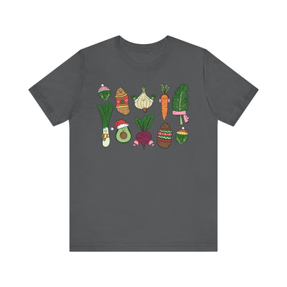Dark gray t-shirt with colorful vegetable illustrations on a white background