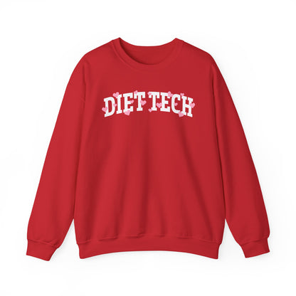 Red sweatshirt with arched "DIET TECH" text in white with pink hearts sprinkled throughout the letters
