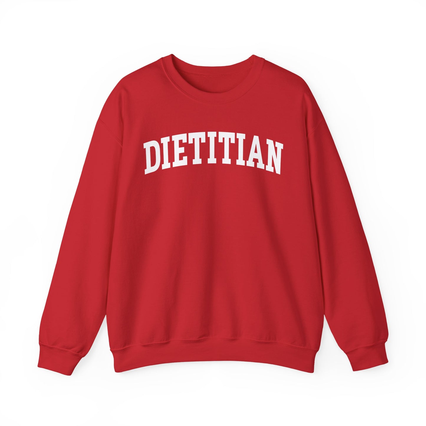 Red sweatshirt with arched text "DIETITIAN" in white 