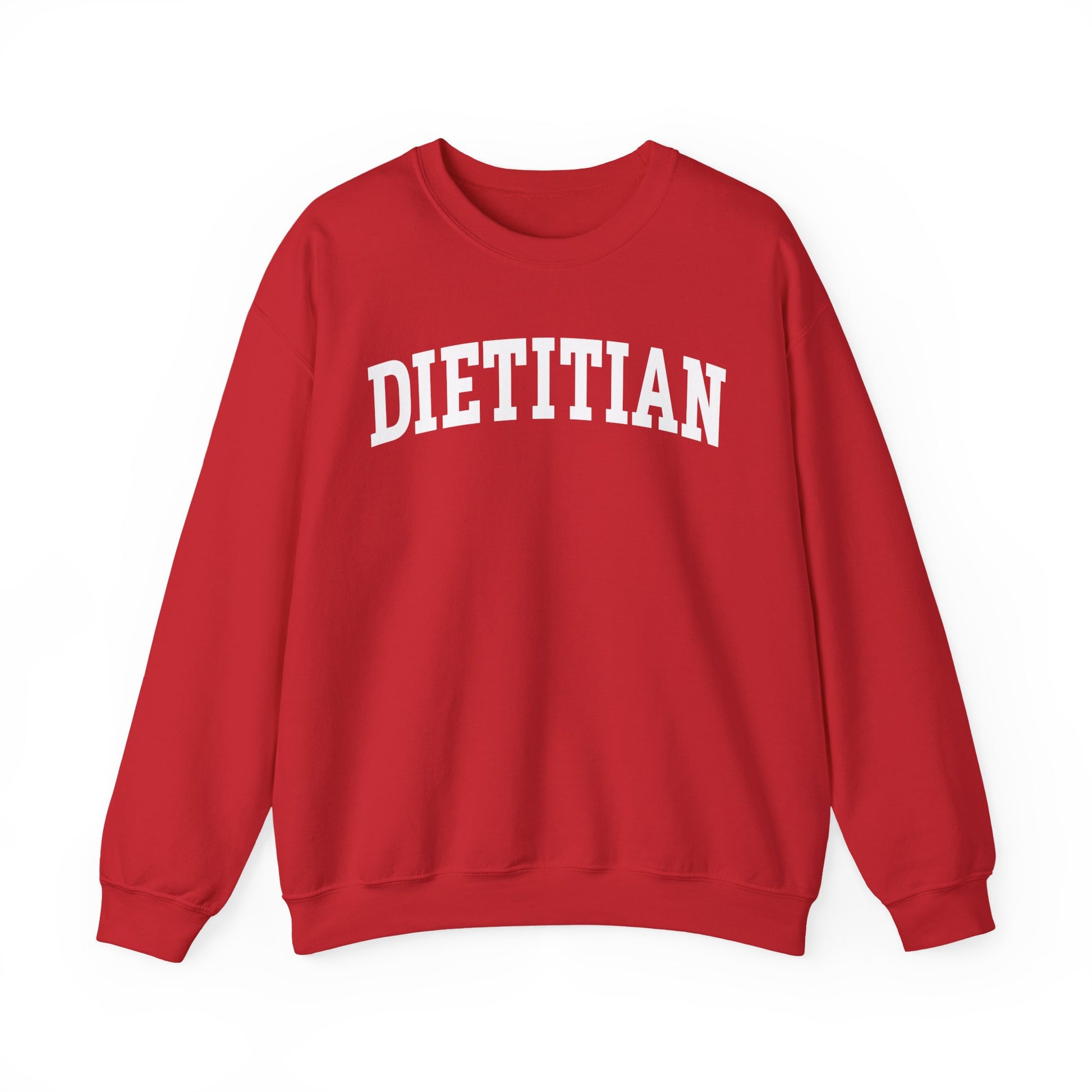Red sweatshirt with arched text "DIETITIAN" in white 