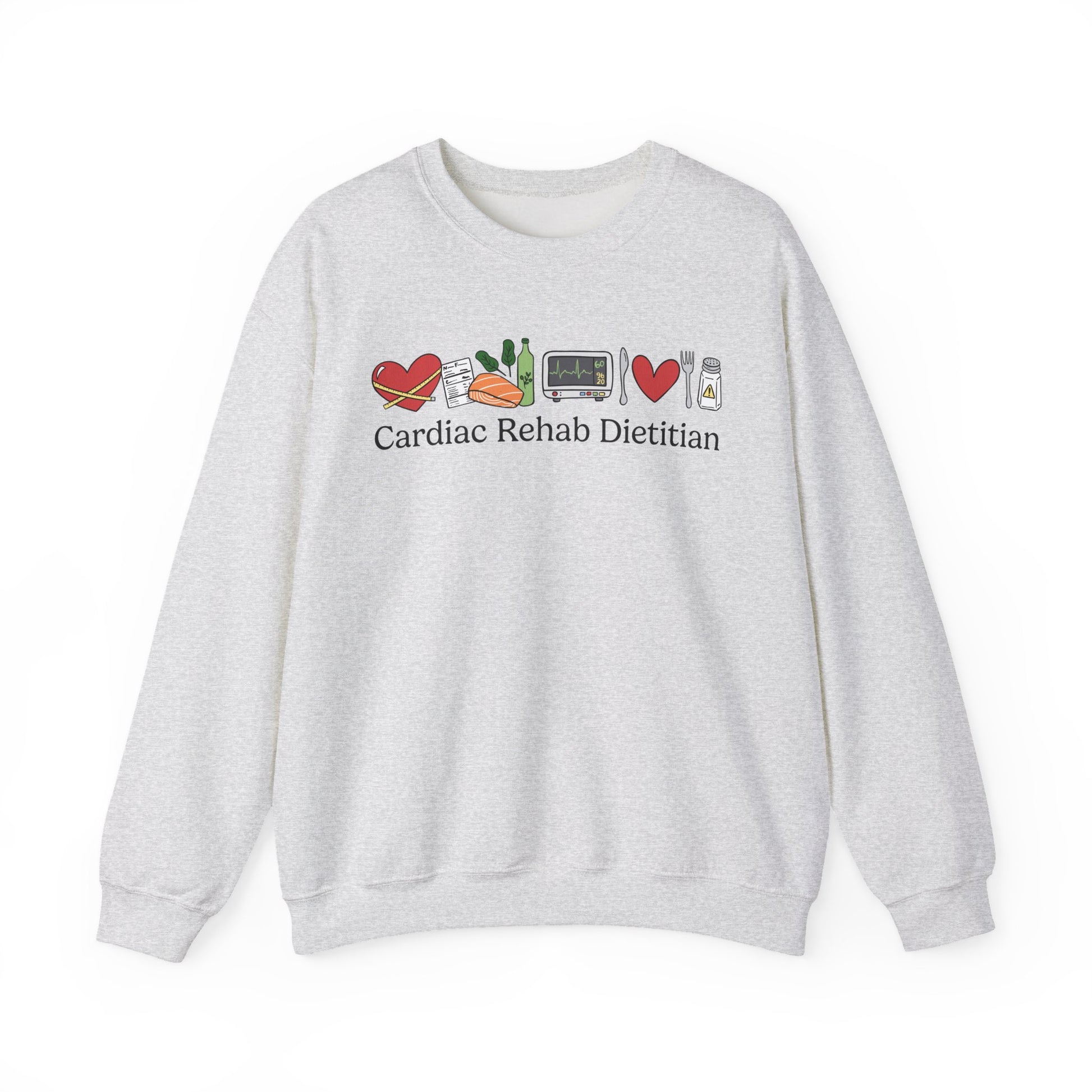 Gray sweatshirt with 'Cardiac Rehab Dietitian' text and doodled icons