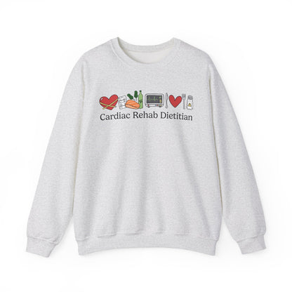 Gray sweatshirt with 'Cardiac Rehab Dietitian' text and doodled icons