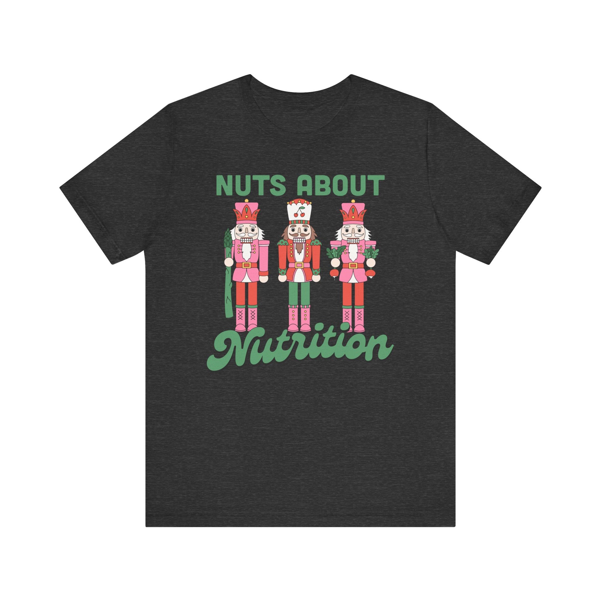 Charcoal t-shirt with nutcracker design and 'Nuts About Nutrition' text on a white background