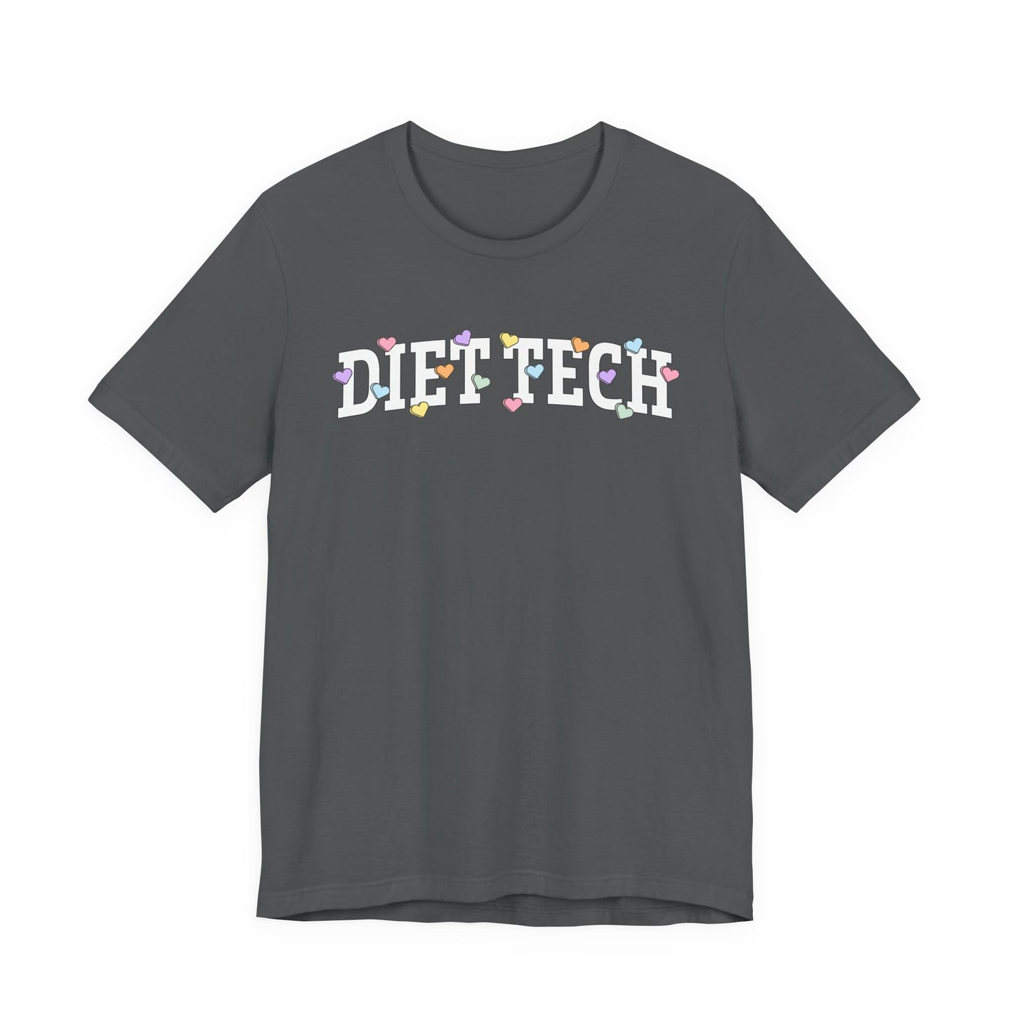 Dark gray tshirt with arched "DIET TECH" text in white with multi-colored heart shaped Valentine candy sprinkled throughout the letters
