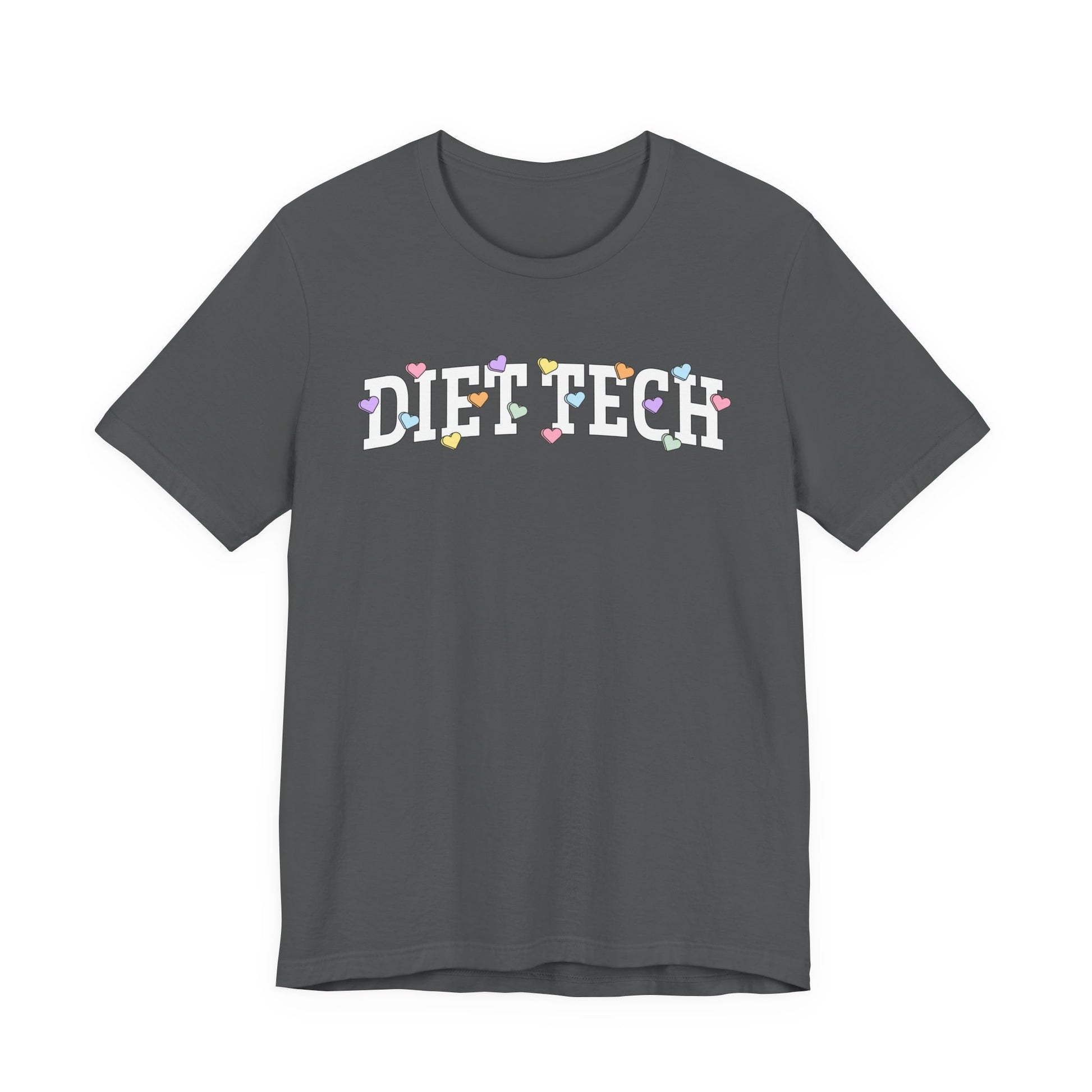 Dark gray tshirt with arched "DIET TECH" text in white with multi-colored heart shaped Valentine candy sprinkled throughout the letters