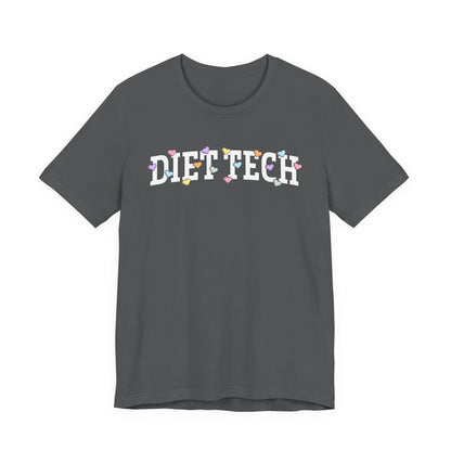 Dark gray tshirt with arched "DIET TECH" text in white with multi-colored heart shaped Valentine candy sprinkled throughout the letters
