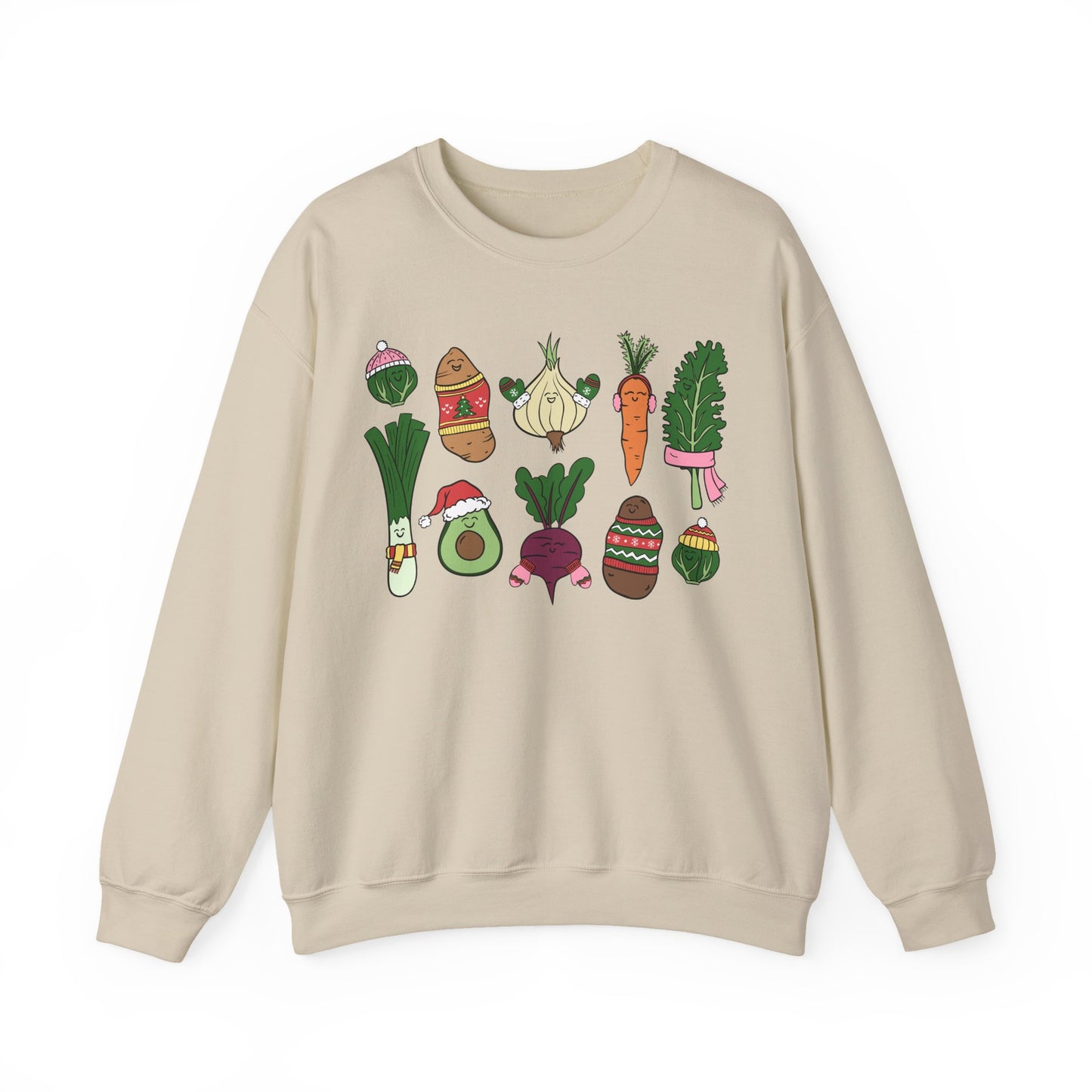 Sand colored sweatshirt with cartoon vegetable graphics on a white background