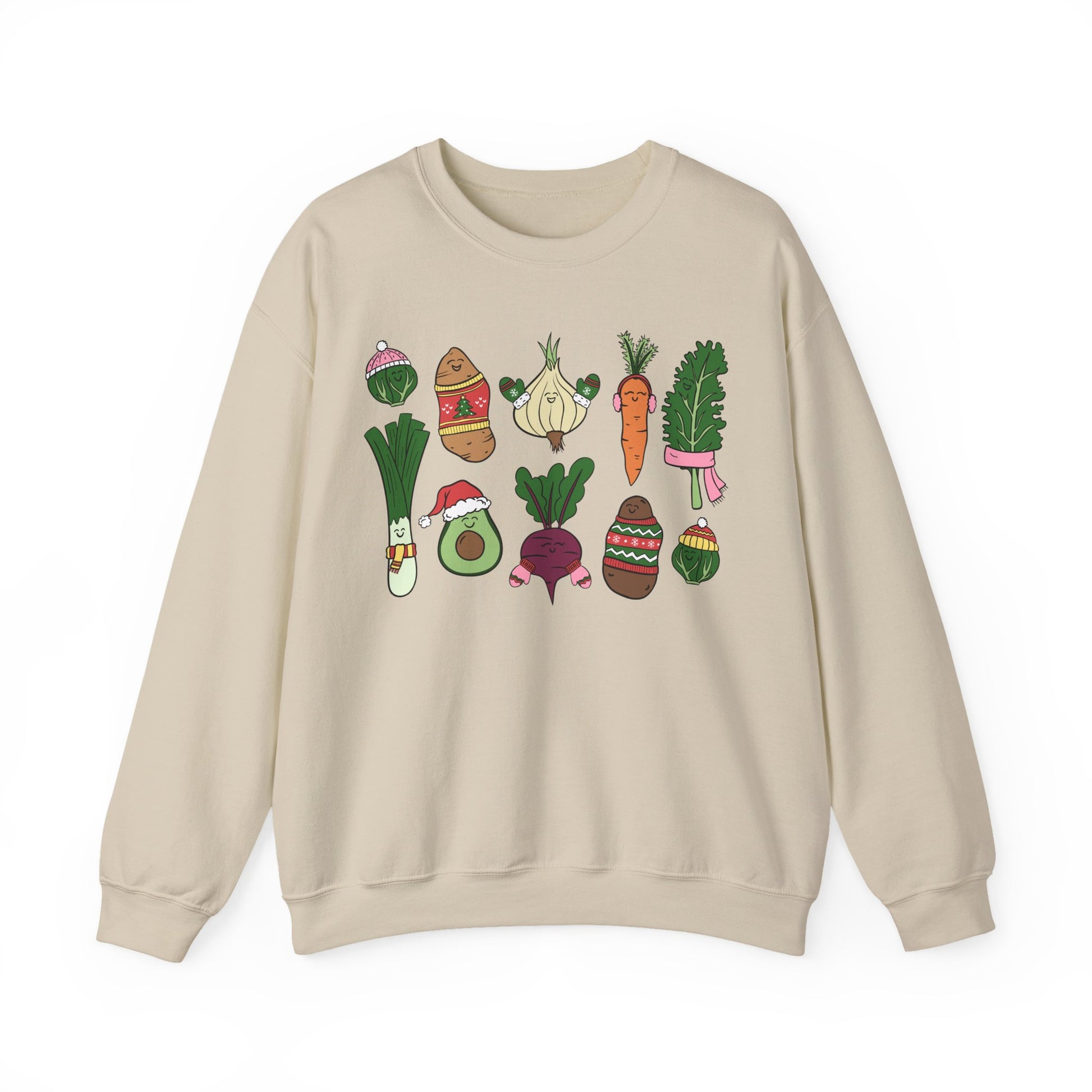 Sand colored sweatshirt with cartoon vegetable graphics on a white background