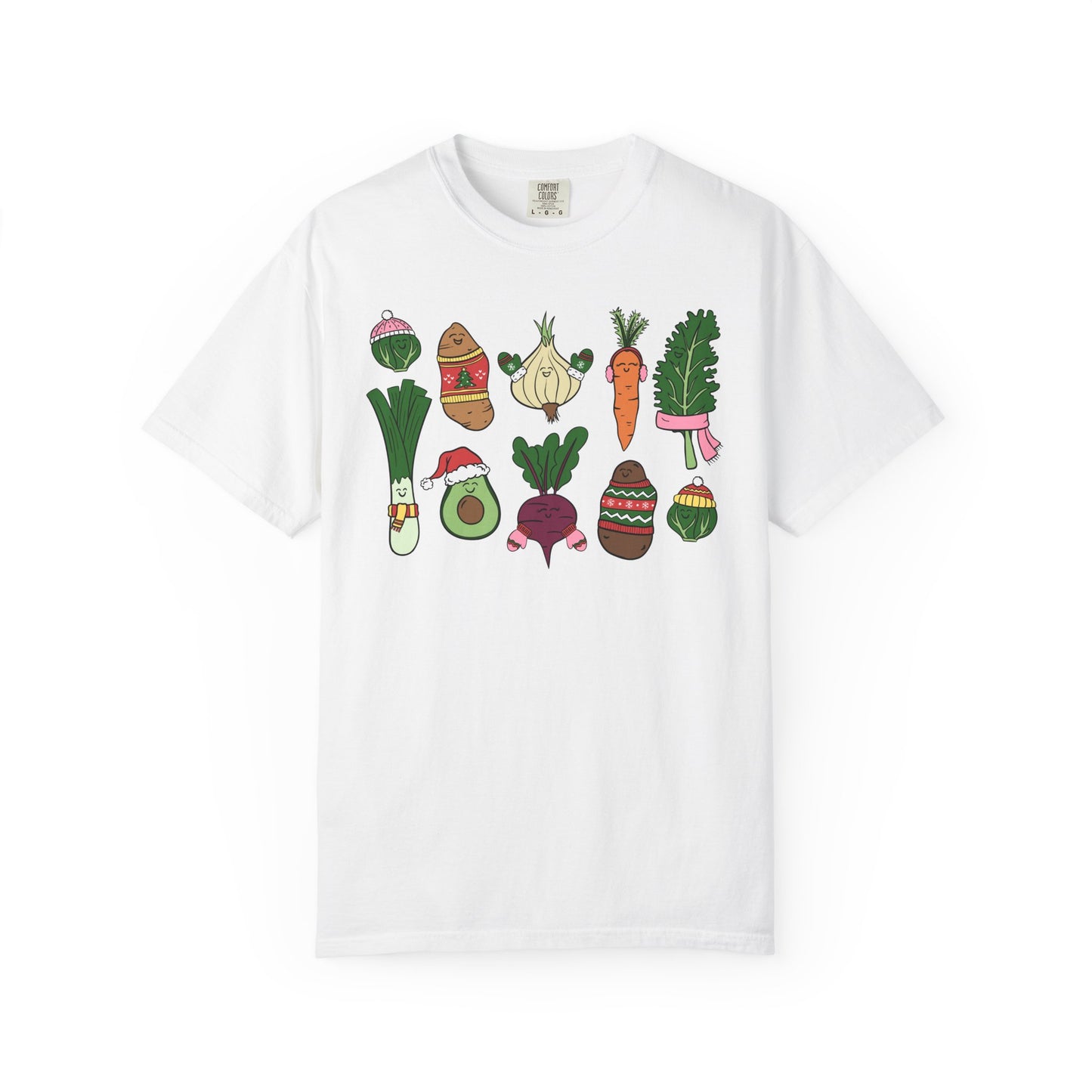 White t-shirt with colorful vegetable illustrations on a white background