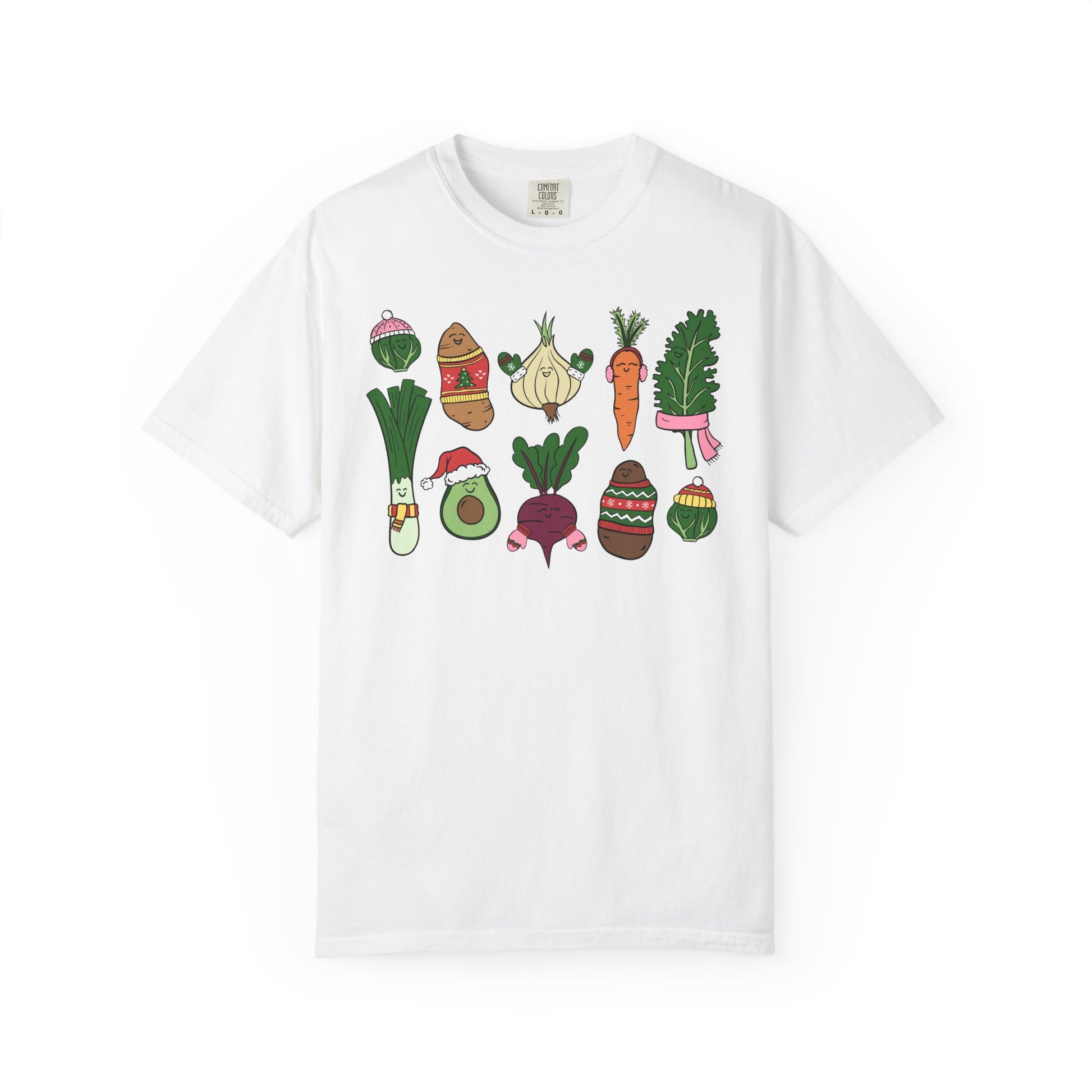 White t-shirt with colorful vegetable illustrations on a white background