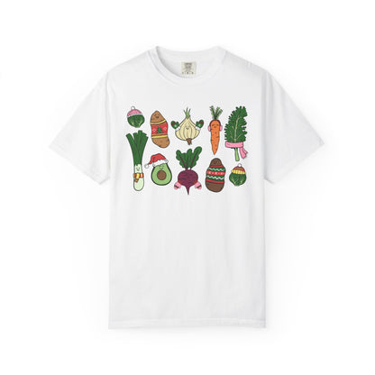 White t-shirt with colorful vegetable illustrations on a white background