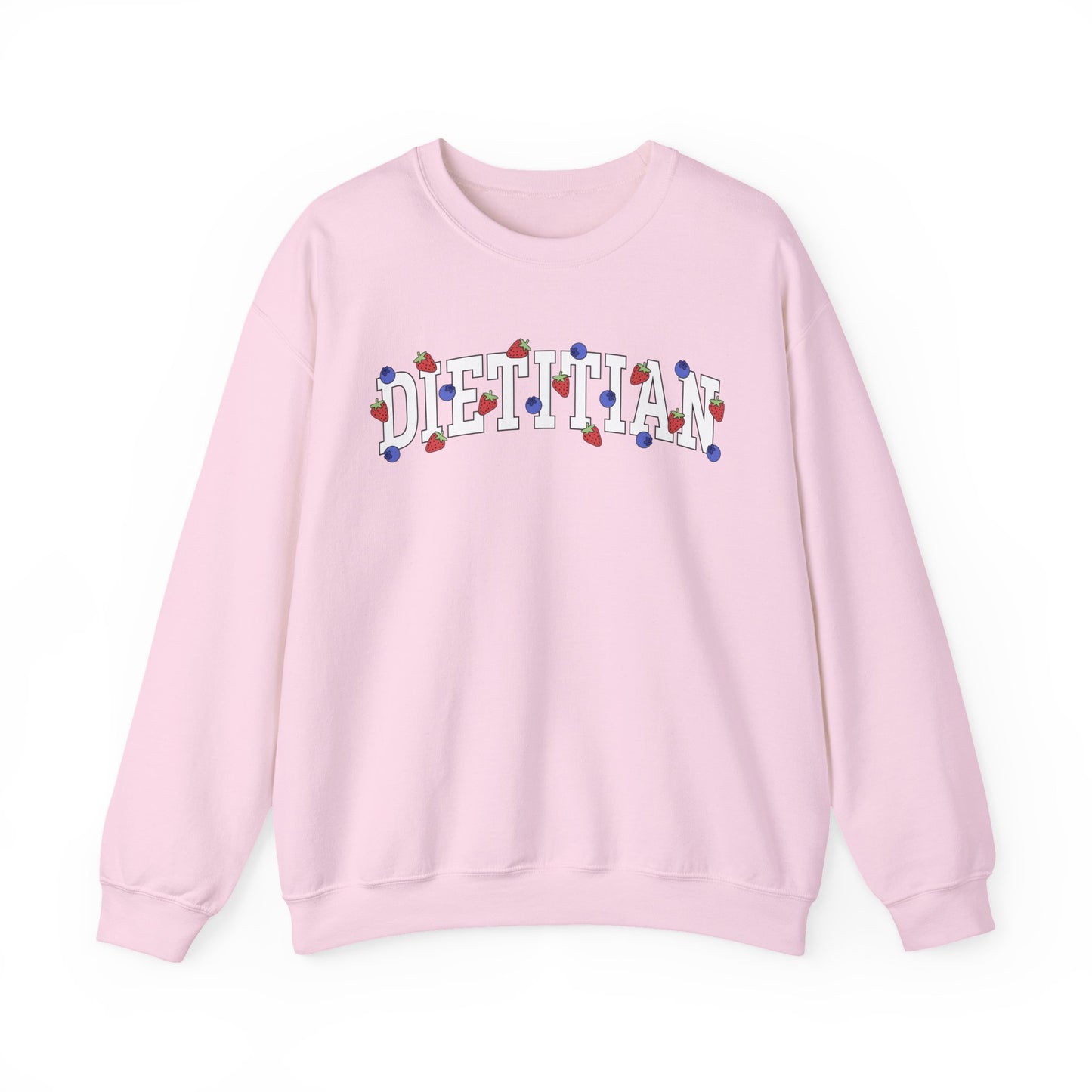 Pink sweatshirt with 'DIETITIAN' text in white with strawberries and blueberries sprinkled throughout letters