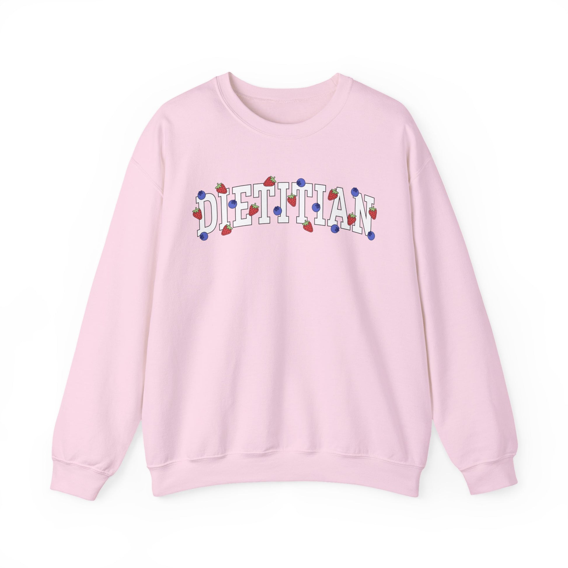 Pink sweatshirt with 'DIETITIAN' text in white with strawberries and blueberries sprinkled throughout letters