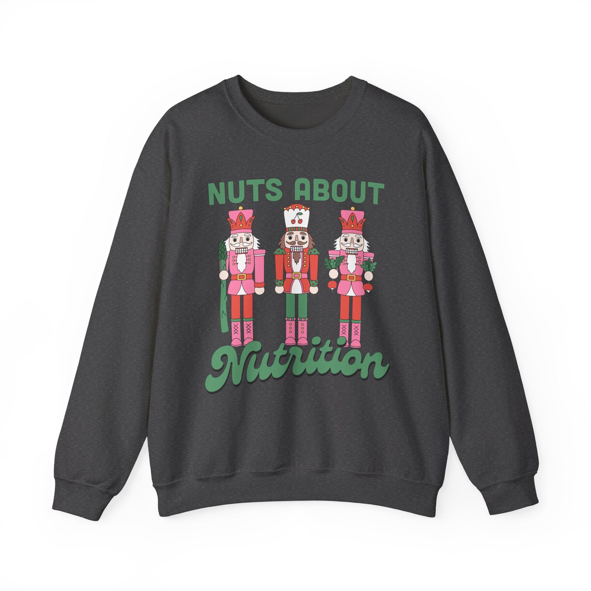 Charcoal sweatshirt with nutcracker design and 'Nuts About Nutrition' text on a white background