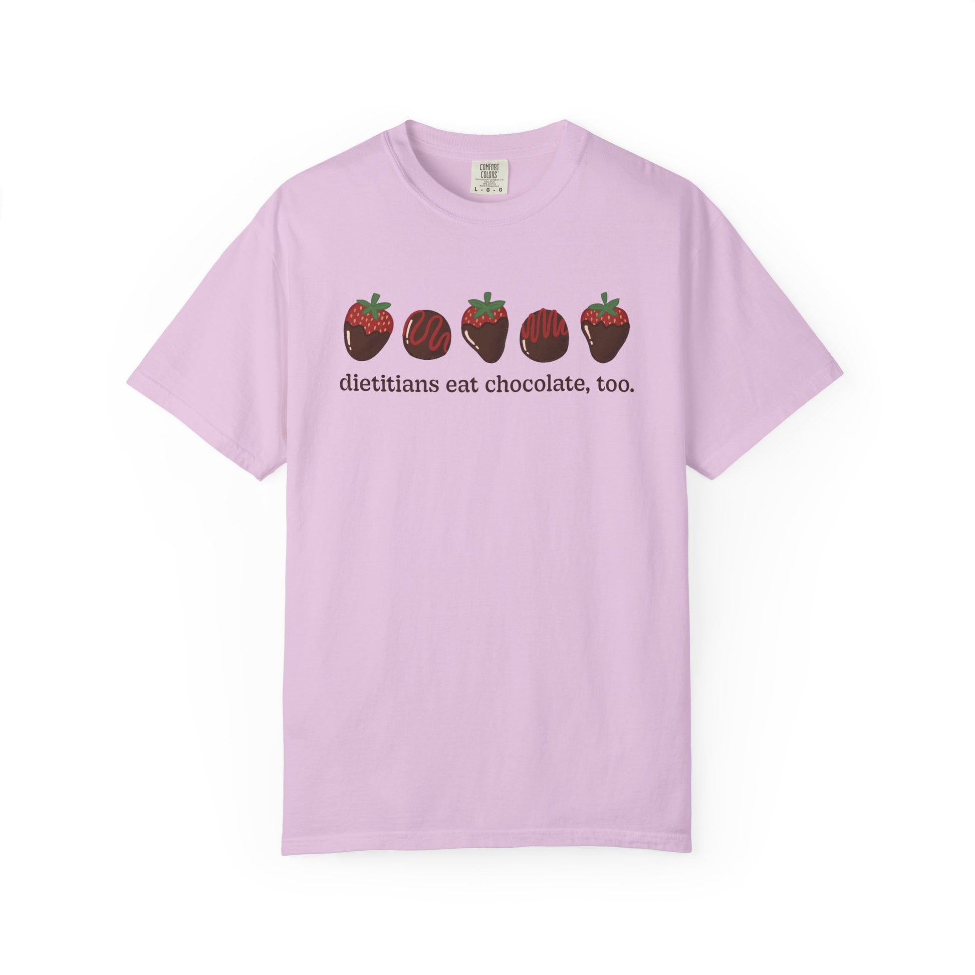 Lavender tshirt with chocolate covered strawberries and truffles with the text "dietitians eat chocolate, too."
