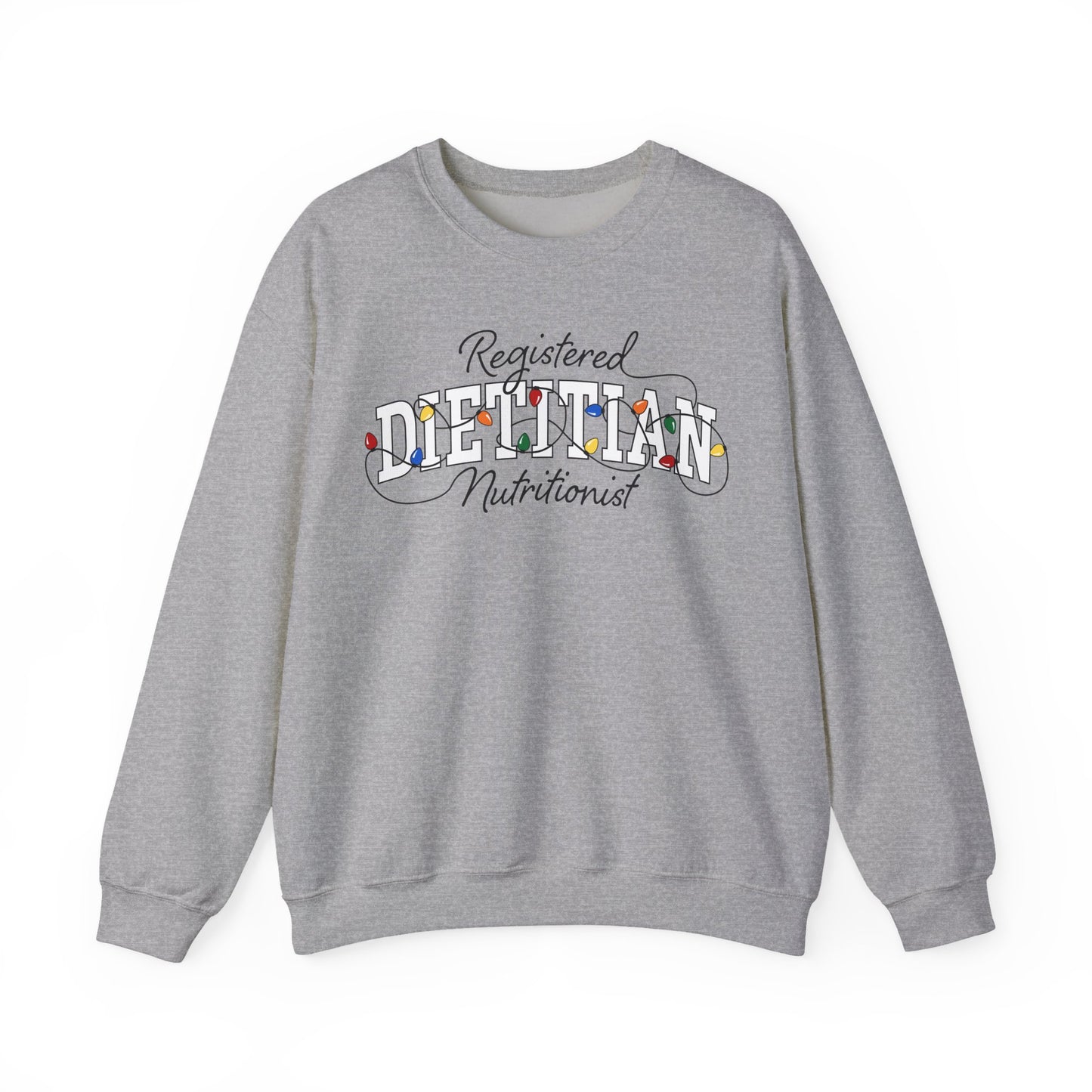Gray sweatshirt with 'Registered Dietitian Nutritionist' text on a white background