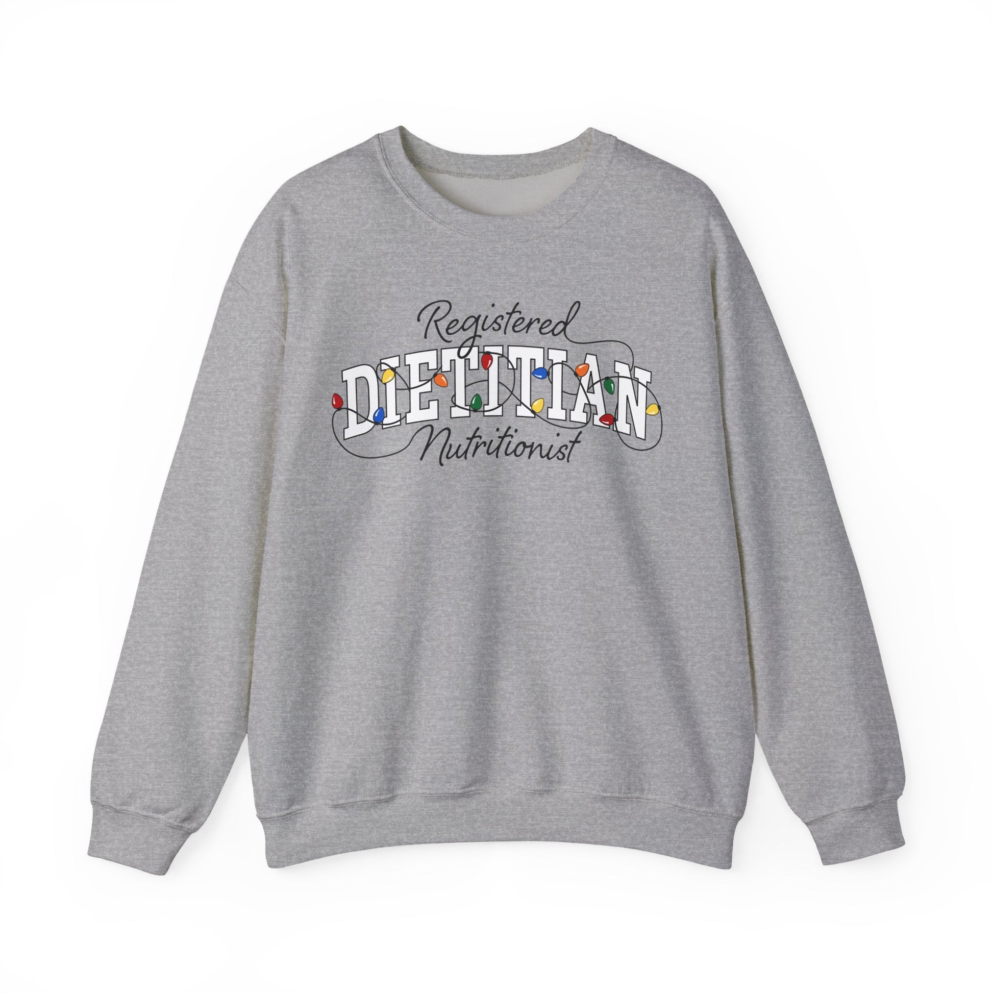 Gray sweatshirt with 'Registered Dietitian Nutritionist' text on a white background