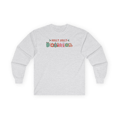 Gray long sleeve tee with 'Holly Jolly Dietitian' text on a white background
