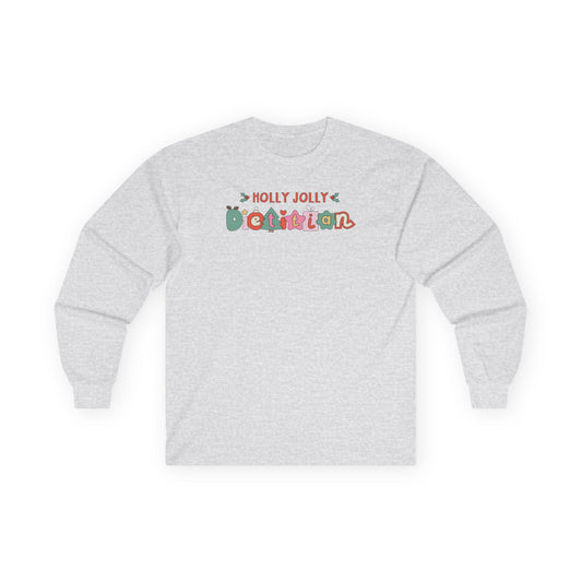 Gray long sleeve tee with 'Holly Jolly Dietitian' text on a white background