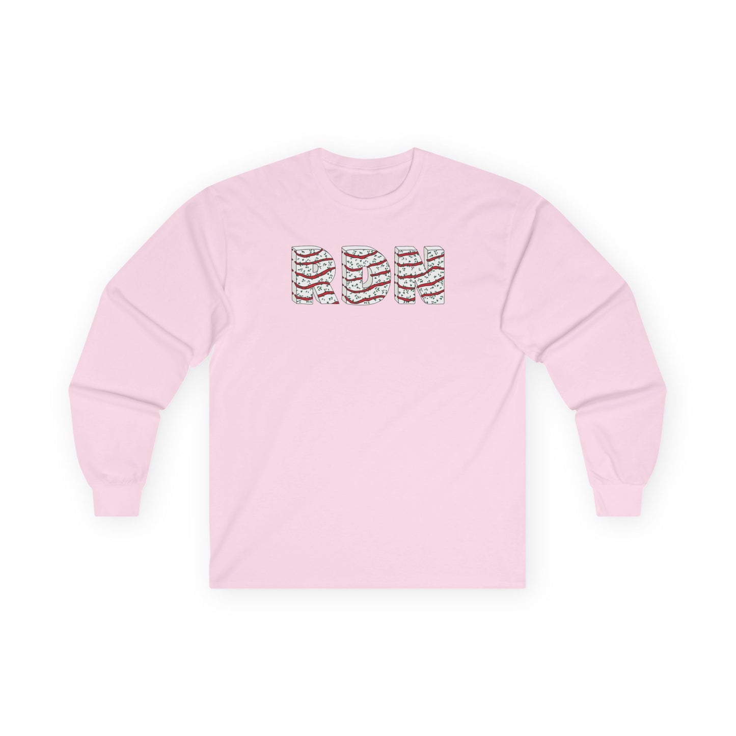 Pink long sleeve shirt with colorful text design on a white background