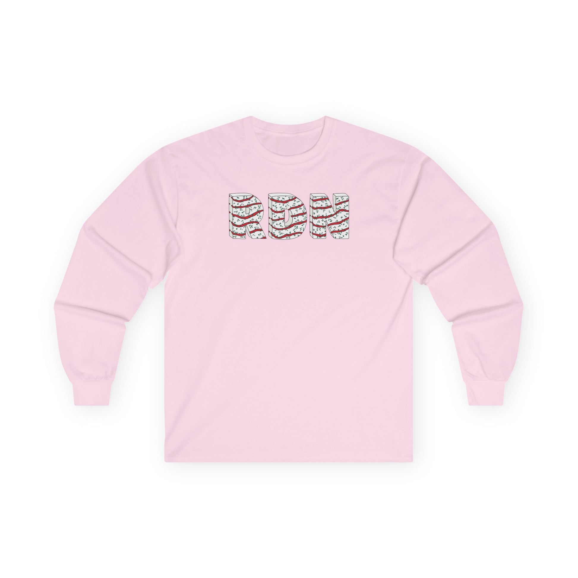 Pink long sleeve shirt with colorful text design on a white background