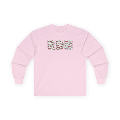 Pink long sleeve shirt with colorful text design on a white background